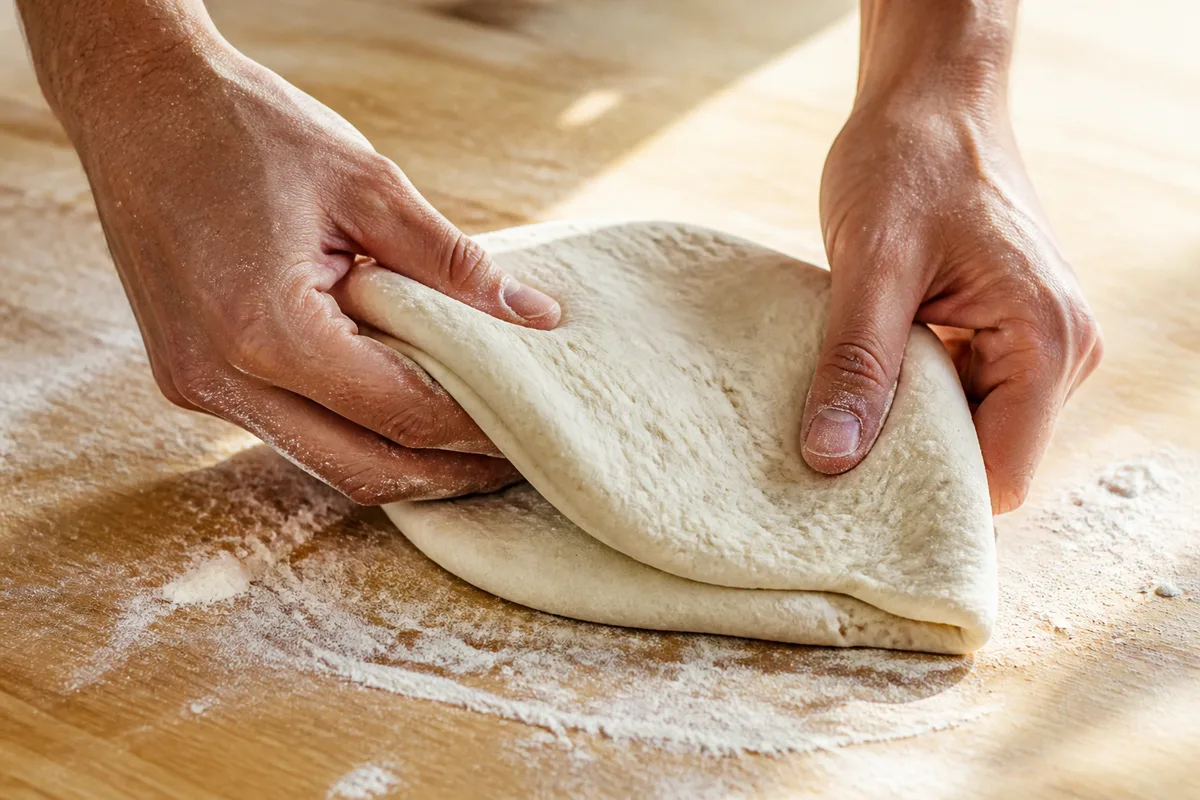 Deux mains repliant une pâte à pizza souple sur un plan de travail légèrement fariné