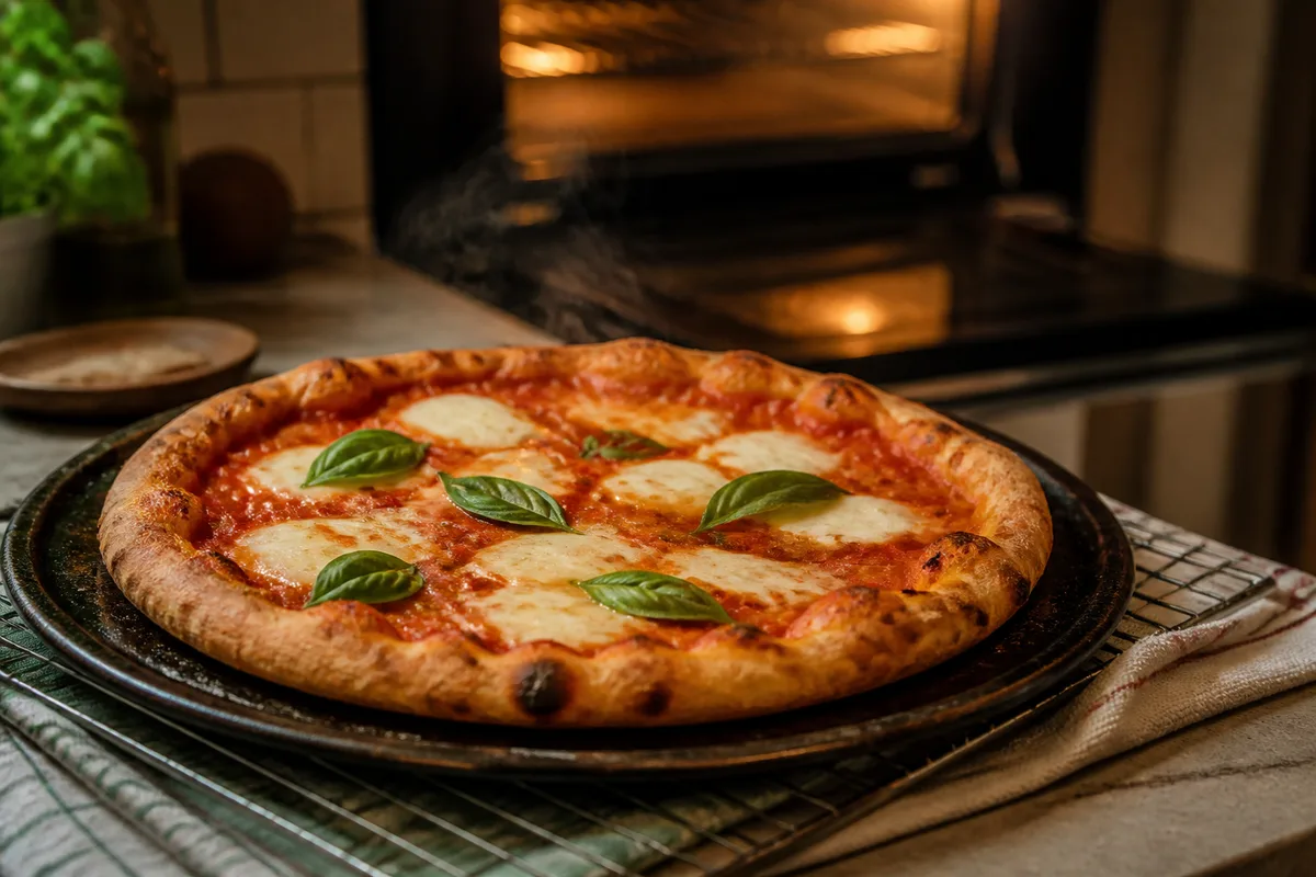 Pizza maison dorée sortant du four sur une plaque brûlante