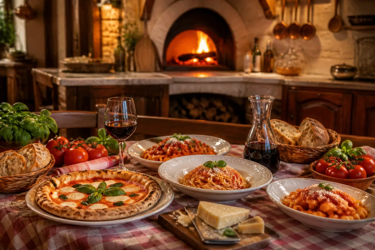 Table de trattoria dressée avec une pizza napolitaine, un bol de pâtes fraîches et une meule de parmesan entamée