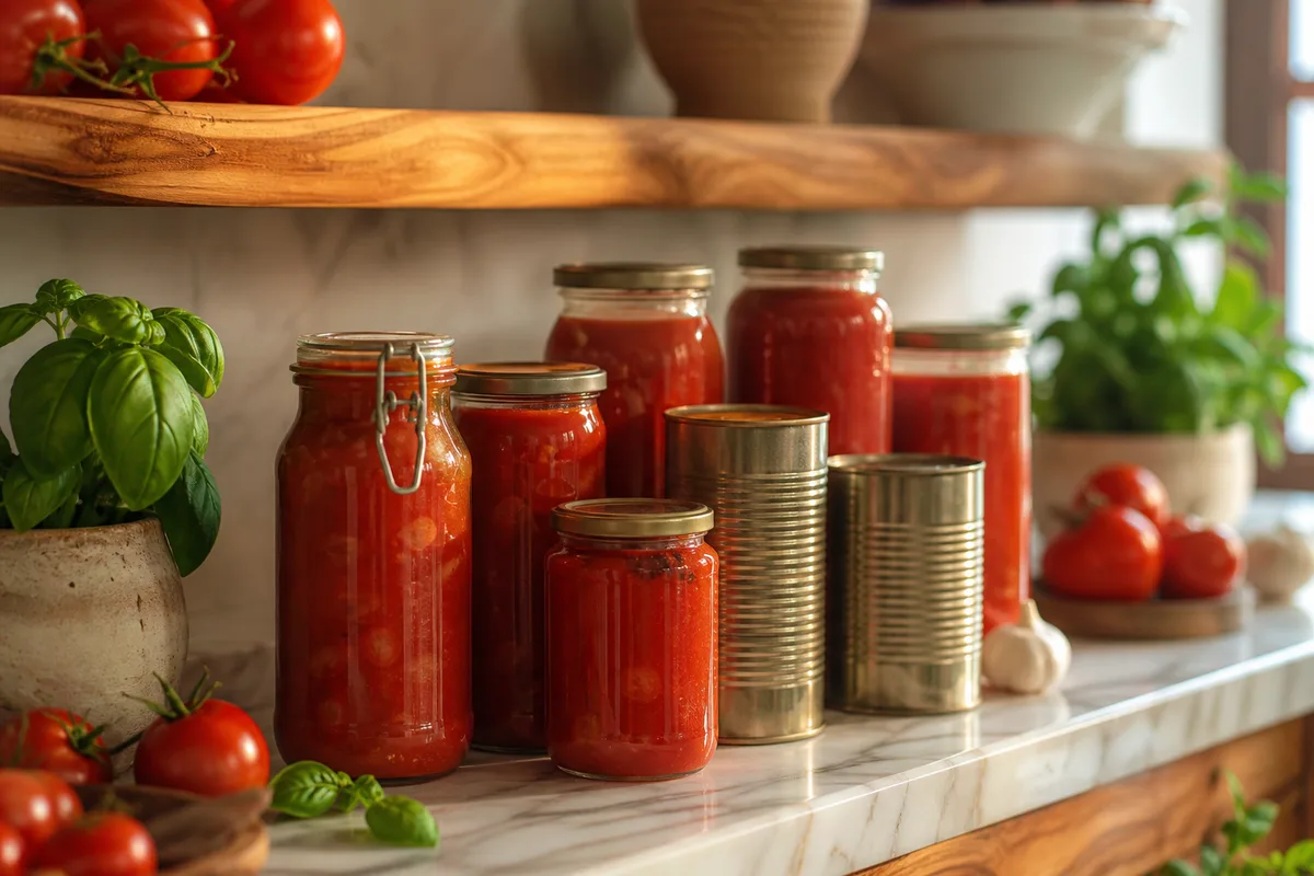 Bocaux et boîtes de conserve de tomates italiennes sur une étagère