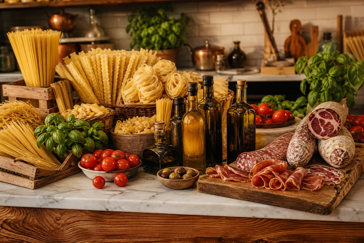 Comptoir d’épicerie italienne avec pâtes sèches, huiles et charcuteries
