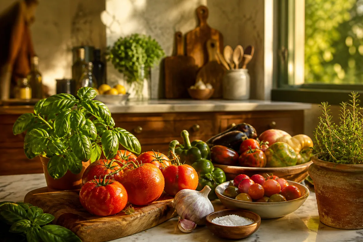 Étal de marché italien avec tomates, herbes fraîches et légumes de saison