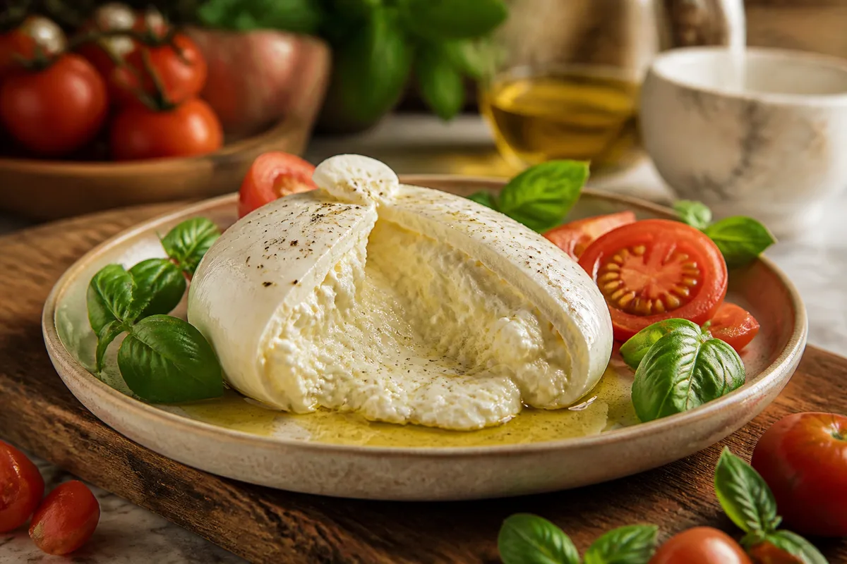 Burrata entière ouverte sur une assiette avec huile d’olive et poivre