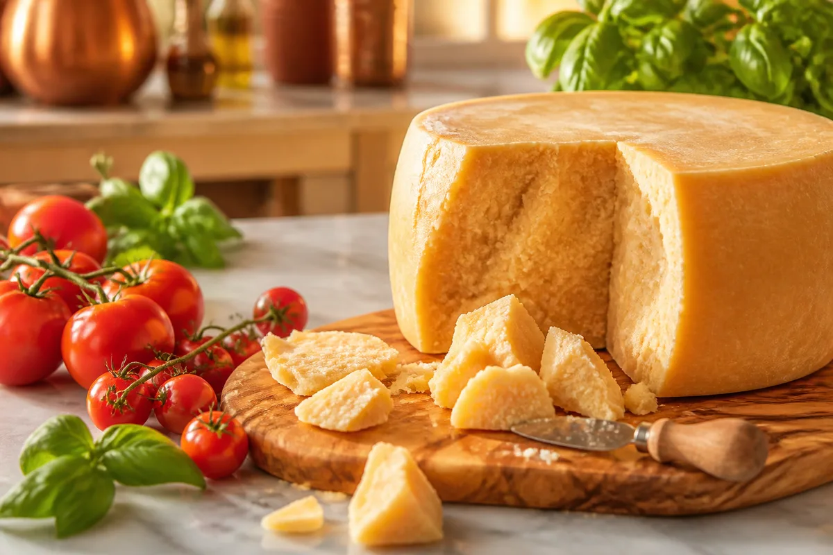 Meule de fromage italien à pâte dure et éclats taillés au couteau