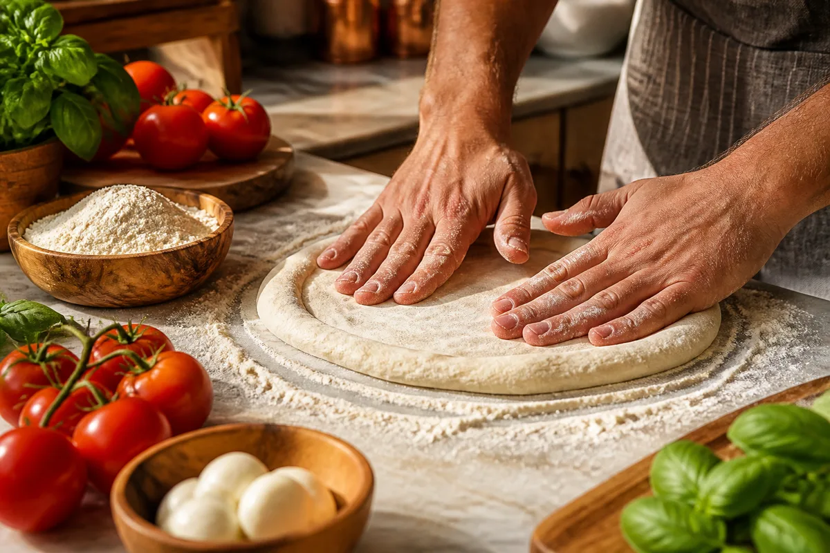 Mains pétrissant une pâte à pizza sur un plan de travail fariné