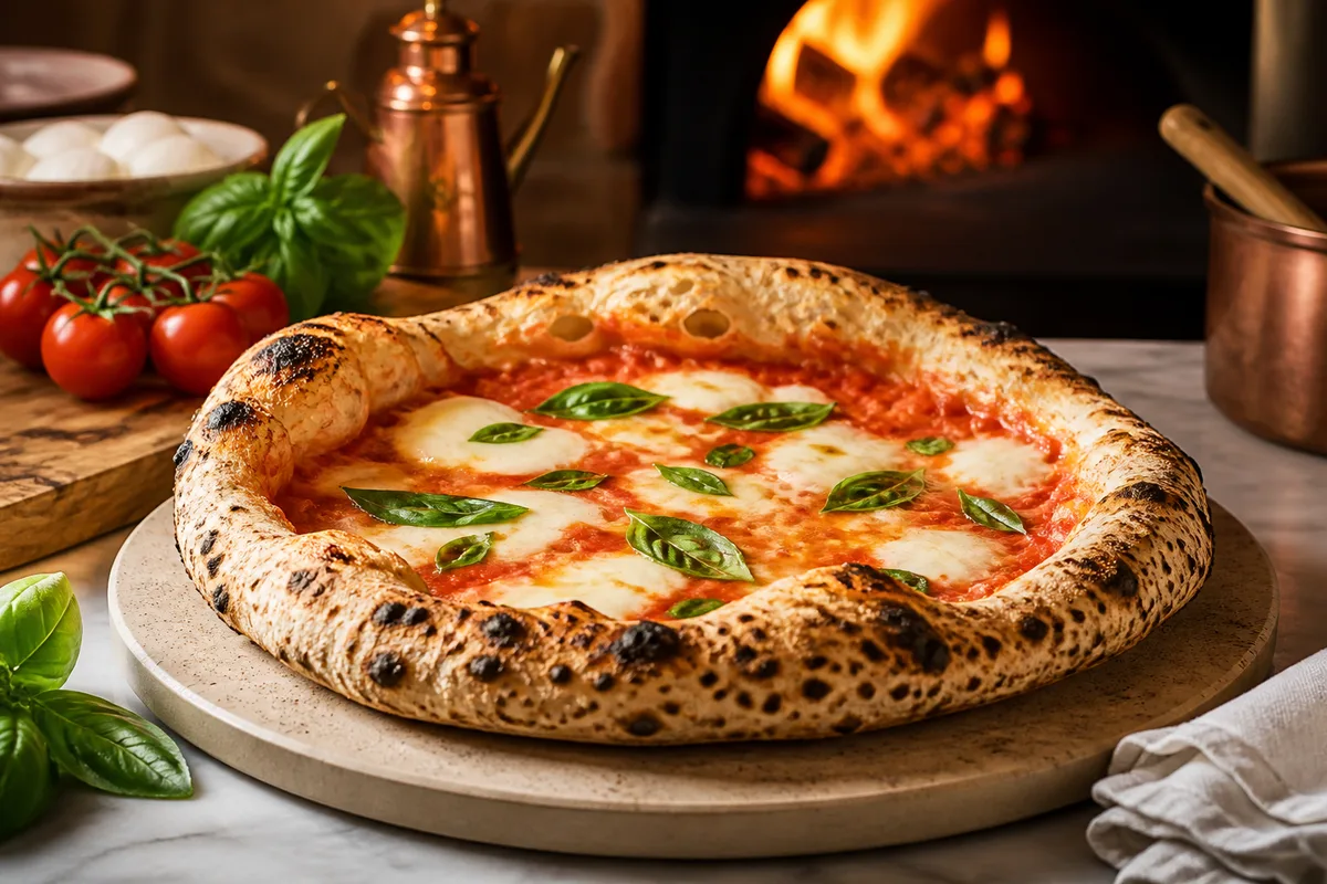 Pizza maison au bord alvéolé sortant du four sur une pierre de cuisson