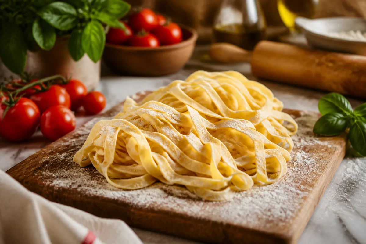 Rubans de pâtes fraîches découpés et farinés posés sur une planche en bois