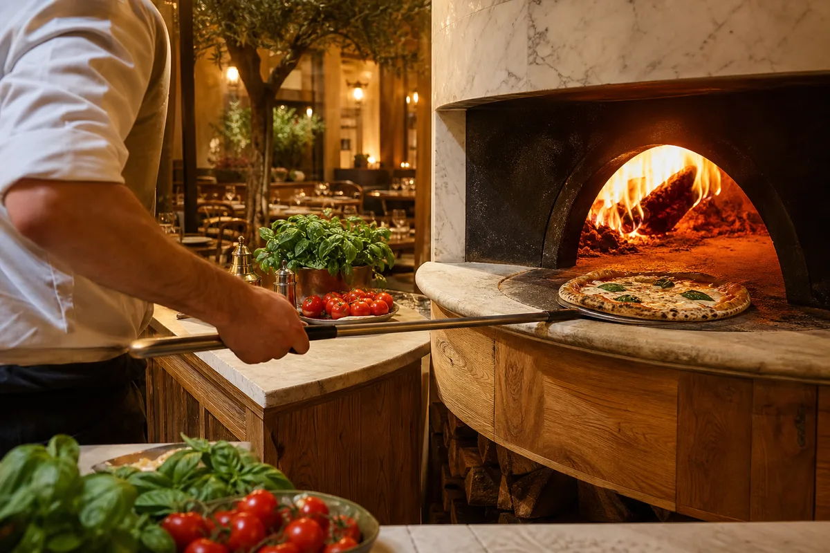 Pizzaïolo enfournant une pizza dans un four à bois en salle