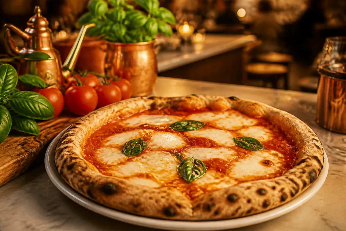 Pizza margherita servie en salle avec bord alvéolé et basilic frais