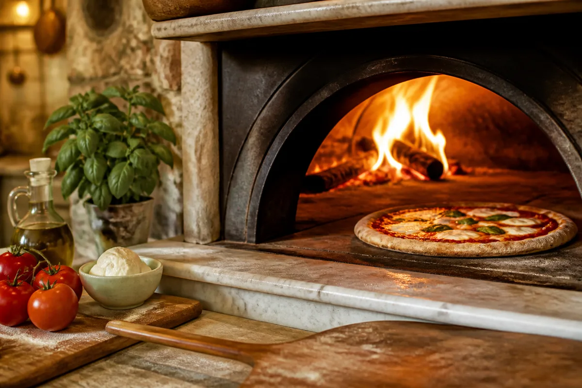 Four à pizza en fonctionnement avec pizza en cours de cuisson