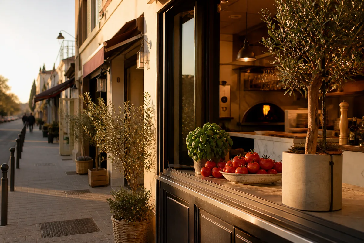 Rue commerçante d&rsquo;une commune de la métropole bordelaise avec devantures de restaurants