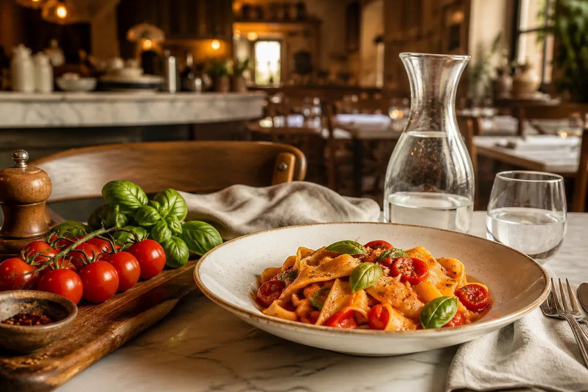 Table dressée avec assiette de pâtes et carafe d&rsquo;eau en salle de restaurant